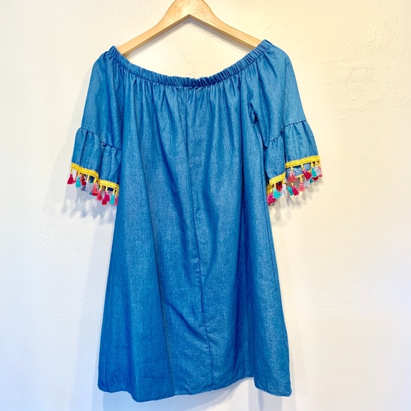See you Monday | Chambray Denim Off Shoulder Tunic Dress with Rainbow Tassels - Picture 5 of 7